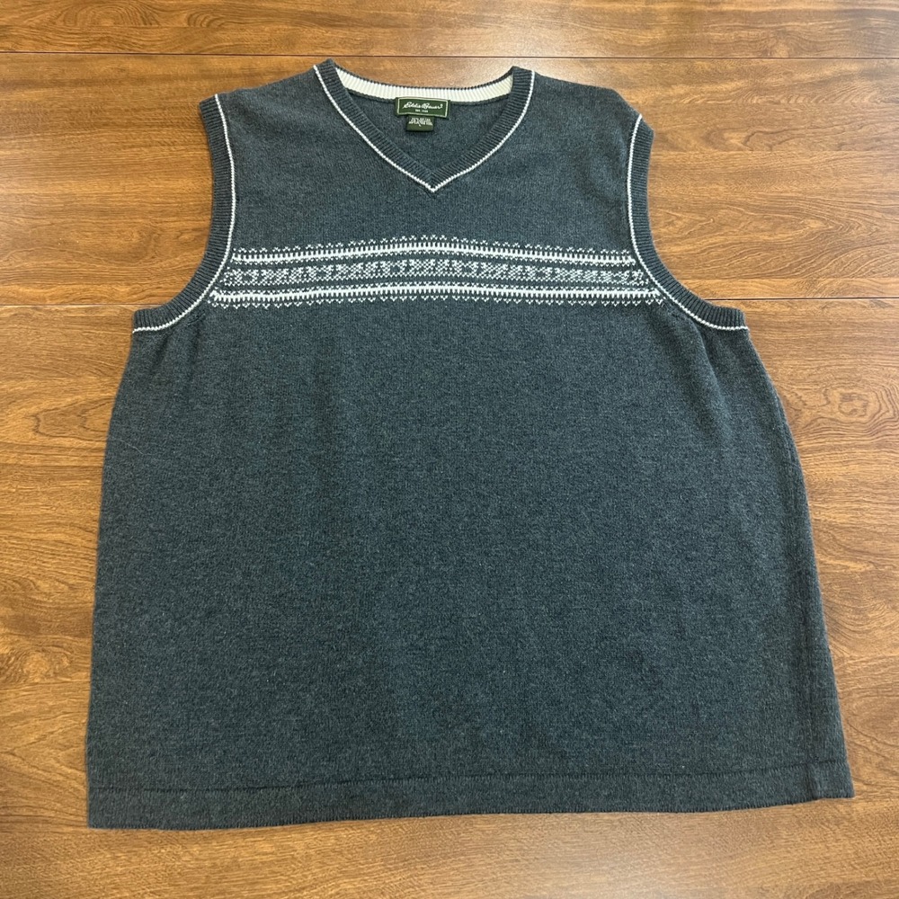 Eddie Bauer Mens Cashmere Blend Fair Isle V-Neck Sweater Vest Gray L